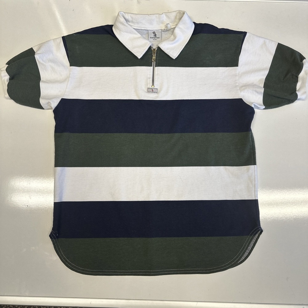 VTG 90s Action Sportswear Striped Rugby Polo Shirt Green White Women XL Plz Read